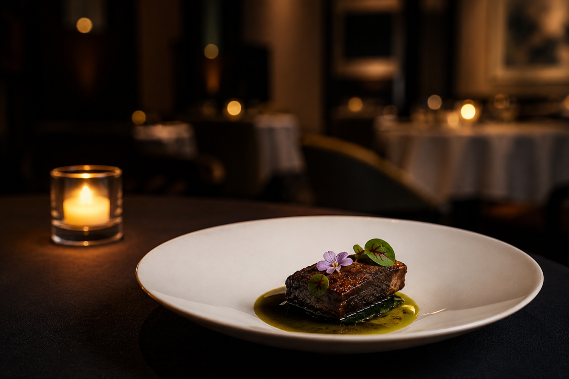 Single ceramic plate at a Singapore halal fine dining restaurant, contemporary plating, candlelit ambience